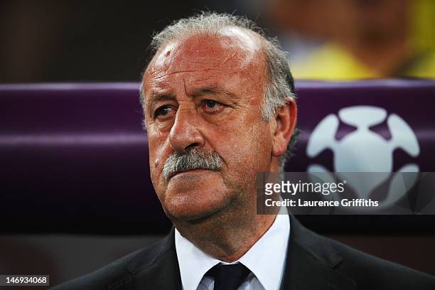 Head Coach Vicente del Bosque of Spain looks on during the UEFA EURO 2012 quarter final match between Spain and France at Donbass Arena on June 23,...