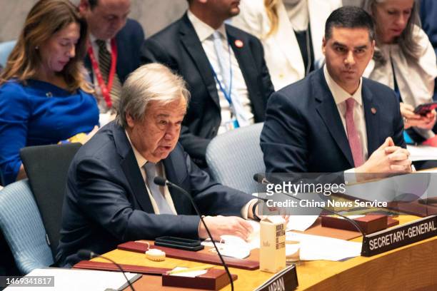 United Nations Secretary-General Antonio Guterres attends the U.N. Security Council high-level meeting on the first anniversary of the conflict...