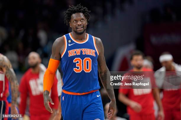 Julius Randle of the New York Knicks smiles during the game against the Washington Wizards at Capital One Arena on February 24, 2023 in Washington,...