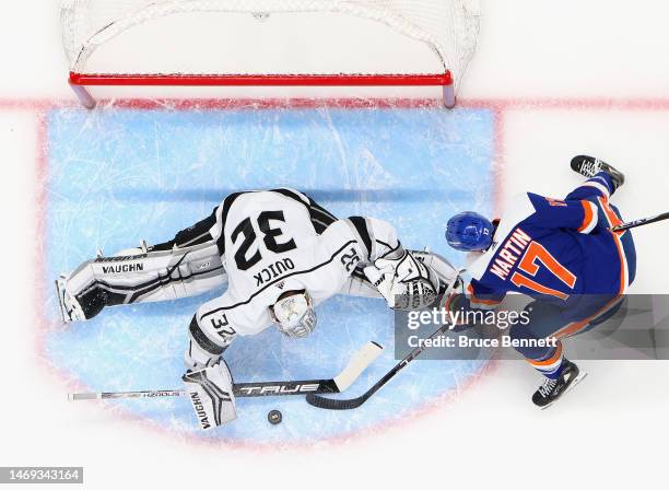 Jonathan Quick of the Los Angeles Kings makes the first period stop on Matt Martin of the New York Islanders at the UBS Arena on February 24, 2023 in...