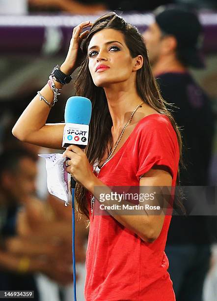 Presenter Sara Carbonero and girlfriend of Iker Casillas of Spain ahead of the UEFA EURO 2012 quarter final match between Spain and France at Donbass...