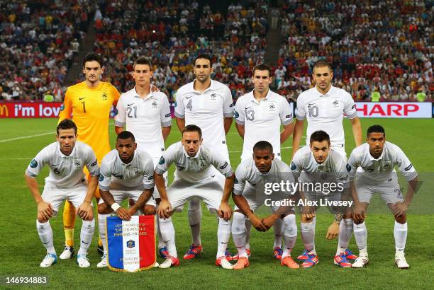 The France team line up ahead of the UEFA EURO 2012 quarter final match between Spain and France at Donbass Arena on June 23, 2012 in Donetsk,...