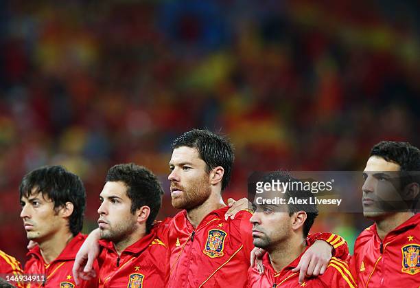 David Silva, Jordi Alba, Xabi Alonso, Sergio Busquets and Cesc Fabregas of Spain ahead of the UEFA EURO 2012 quarter final match between Spain and...