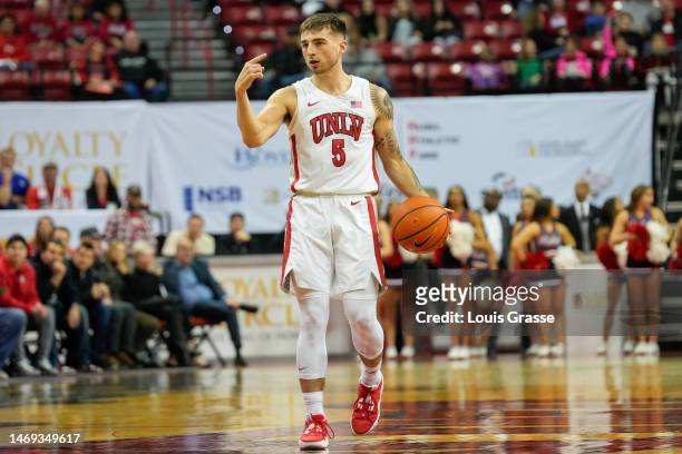 Jordan McCabe of the UNLV Rebels calls for a play in the first half of a game against the Air Force Falcons at the Thomas & Mack Center on February...