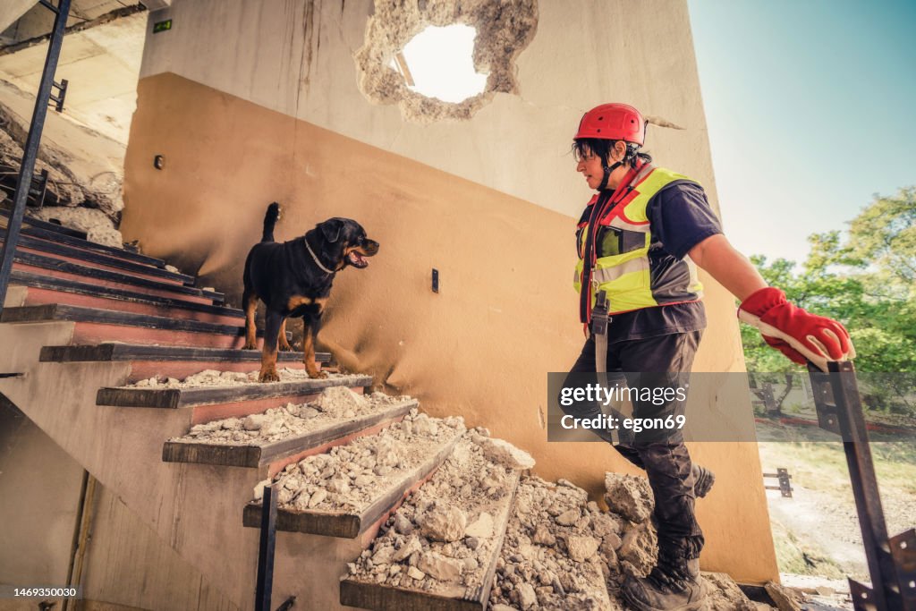 Rescuer search trough ruins of building