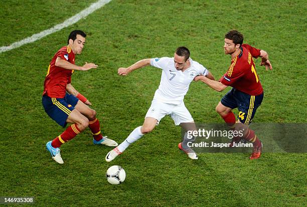 Franck Ribery of France controls the ball during the UEFA EURO 2012 quarter final match between Spain and France at Donbass Arena on June 23, 2012 in...