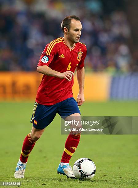 Andres Iniesta of Spain runs with the ball during the UEFA EURO 2012 quarter final match between Spain and France at Donbass Arena on June 23, 2012...