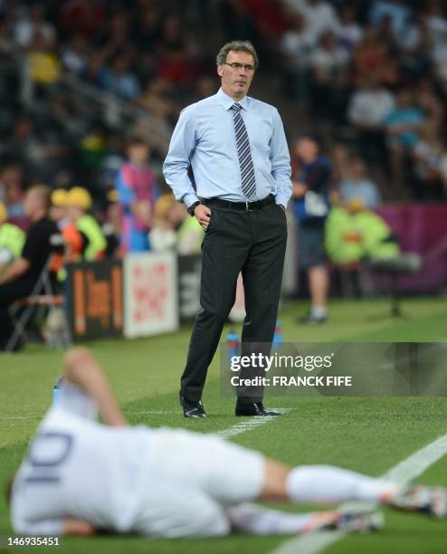 French headcoach Laurent Blanc gestures during the Euro 2012 football championships quarter-final match Spain vs France on June 23, 2012 at the...