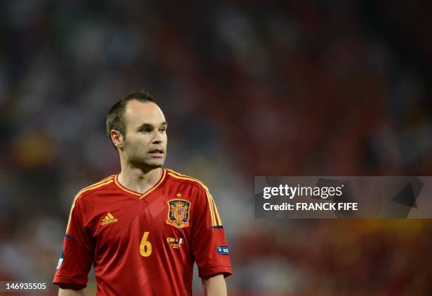 Spanish midfielder Andres Iniesta looks on during the Euro 2012 football championships quarter-final match Spain vs France on June 23, 2012 at the...