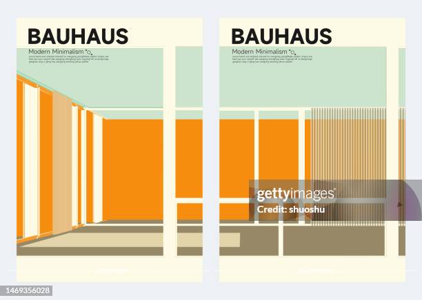 modern minimalism bauhaus style building structure office space poster collection - baumhaus stock illustrations