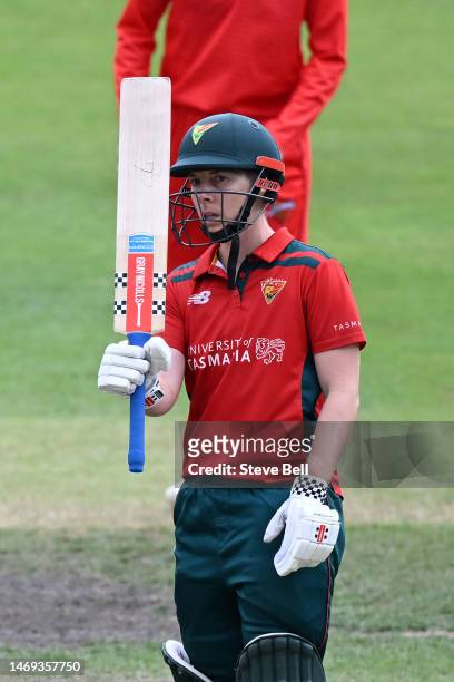 Elyse Villani of the Tigers celebrates scoring a half century during the WNCL Final match between Tasmania and South Australia at Blundstone Arena,...