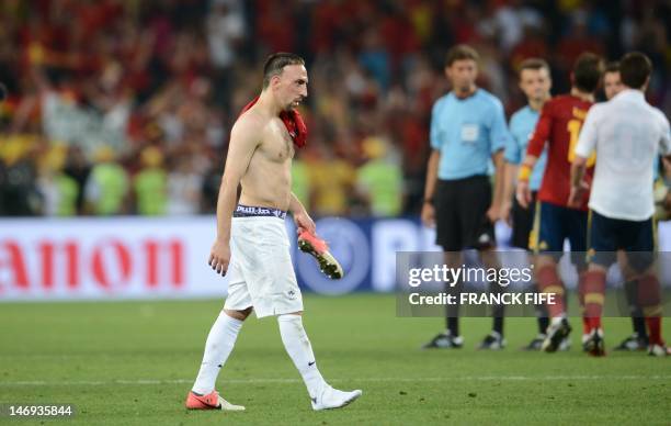 French midfielder Franck Ribery leaves the pitch at the end of the Euro 2012 football championships quarter-final match Spain vs France on June 23,...