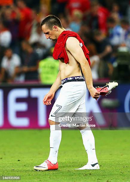 Franck Ribery of France looks dejected after defeat during the UEFA EURO 2012 quarter final match between Spain and France at Donbass Arena on June...