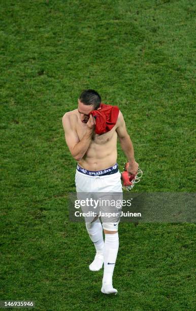 Franck Ribery of France looks dejected after defeat during the UEFA EURO 2012 quarter final match between Spain and France at Donbass Arena on June...