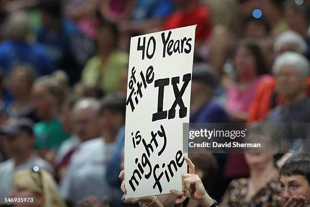 Fans celebrate the 40th Anniversary of Title IX during the game between the Chicago Sky and the Minnesota Lynx on June 23, 2012 at Target Center in...