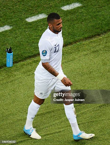 Yann M'Vila of France looks despondent as he is substituted during the UEFA EURO 2012 quarter final match between Spain and France at Donbass Arena...
