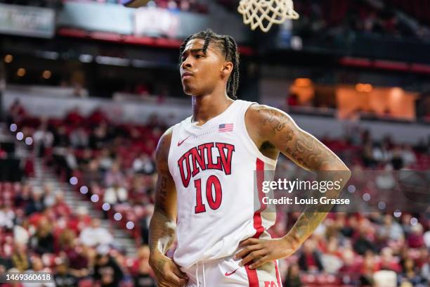 Keshon Gilbert of the UNLV Rebels looks on in the second half of a game against the Air Force Falcons at the Thomas & Mack Center on February 24,...