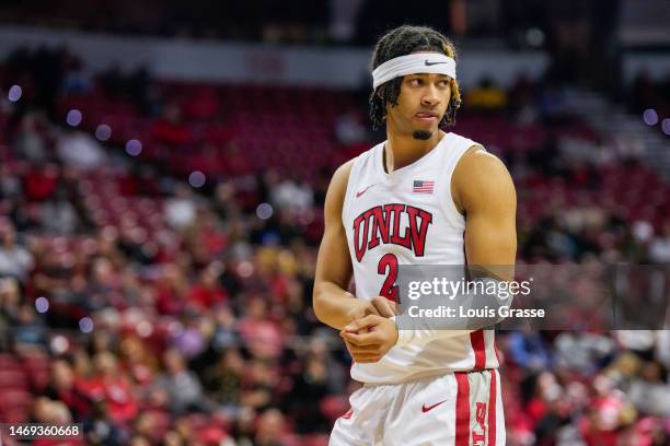 Justin Webster of the UNLV Rebels looks on in the second half of a game against the Air Force Falcons at the Thomas & Mack Center on February 24,...