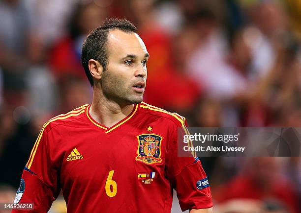 Andres Iniesta of Spain looks on during the UEFA EURO 2012 quarter final match between Spain and France at Donbass Arena on June 23, 2012 in Donetsk,...