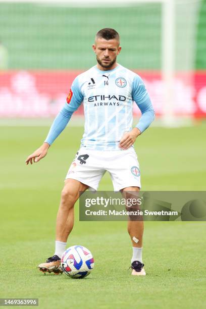 Valon Berisha of Melbourne City warms up ahead of the round 18 A-League Men's match between Melbourne City and Sydney FC at AAMI Park, on February 25...