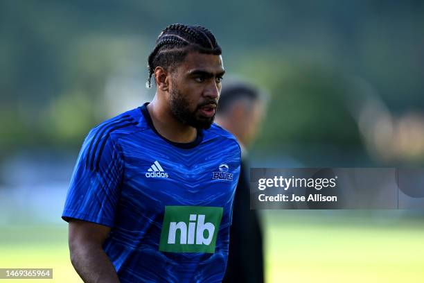 Hoskins Sotutu of the Blues looks on ahead of the round one Super Rugby Pacific match between Highlanders and Blues at Forsyth Barr Stadium, on...