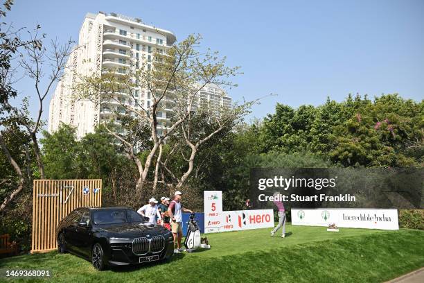 Nicolai Hojgaard of Denmark plays his tee shot on the fifth hole during Day Three of the Hero Indian Open at Dlf Golf and Country Club on February...