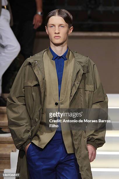 Model walks the runway during the Les Hommes show as a part of Milan Fashion Week Menswear Spring/Summer 2013 at on June 23, 2012 in Milan, Italy.