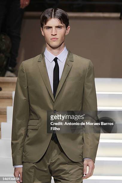 Model walks the runway during the Les Hommes show as a part of Milan Fashion Week Menswear Spring/Summer 2013 at on June 23, 2012 in Milan, Italy.