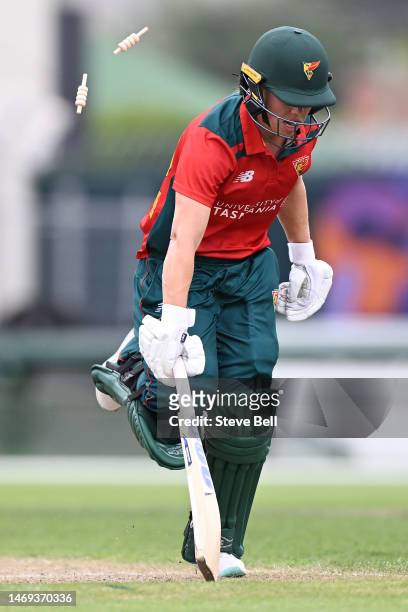 Naomi Stalenberg of the Tigers avoids being runout during the WNCL Final match between Tasmania and South Australia at Blundstone Arena, on February...