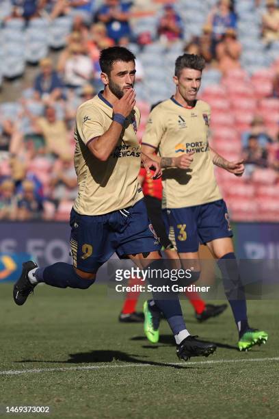 Beka Mikeltadze of the Jets celebrates his goal during the round 18 A-League Men's match between Newcastle Jets and Western United at McDonald Jones...