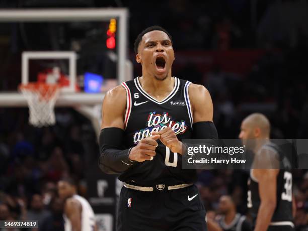 Russell Westbrook of the LA Clippers reacts to a Clipper lead during a 176-175 double overtime loss to the Sacramento Kings at Crypto.com Arena on...