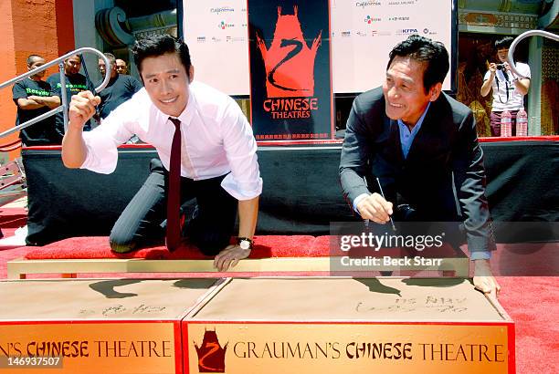 Actor's Lee Byung-Hun and Ahn Sung-Ki are honored at the "Look East Korean Film Festival" hand and footprint ceremony at Grauman's Chinese Theatre on...