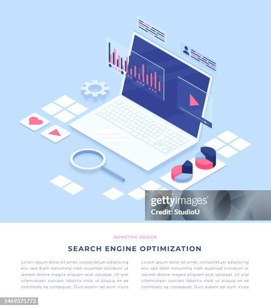 search engine optimization concept isometric 3d illustration - glossary of terms stock illustrations