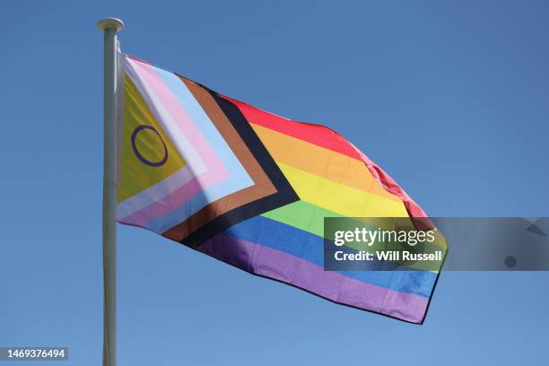 Rainbow flags for Pride Celebration can be seen during the round 15 A-League Women's match between Perth Glory and Brisbane Roar at Macedonia Park,...