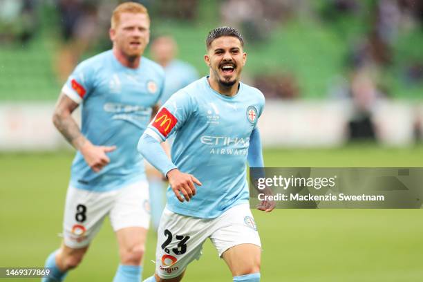 Marco Tilio of Melbourne City celebrates after a goal during the round 18 A-League Men's match between Melbourne City and Sydney FC at AAMI Park, on...