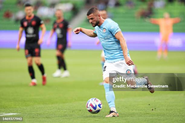 Valon Berisha of Melbourne City controls the ball during the round 18 A-League Men's match between Melbourne City and Sydney FC at AAMI Park, on...