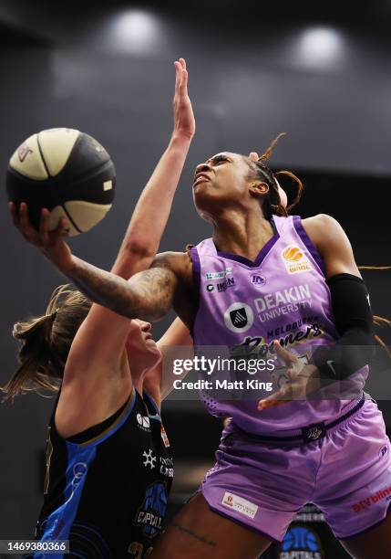 Tiffany Mitchell of the Boomers drives to the basket during the round 15 WNBL match between UC Capitals and Melbourne Boomers at National Convention...