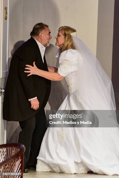 Jesus Ochoa and Margarita Gralia performing during a rehearsal of the play 'El Marido Perfecto' at 11 de Julio Theater on February 24, 2023 in Mexico...