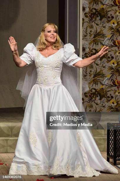 Margarita Gralia performing during a rehearsal of the play 'El Marido Perfecto' at 11 de Julio Theater on February 24, 2023 in Mexico City, Mexico.