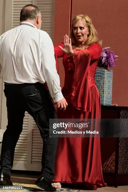 Jesus Ochoa and Margarita Gralia performing during a rehearsal of the play 'El Marido Perfecto' at 11 de Julio Theater on February 24, 2023 in Mexico...