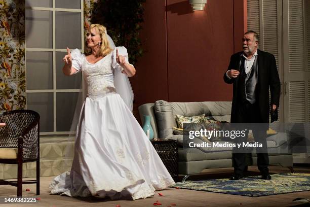 Margarita Gralia and Jesus Ochoa performing during a rehearsal of the play 'El Marido Perfecto' at 11 de Julio Theater on February 24, 2023 in Mexico...