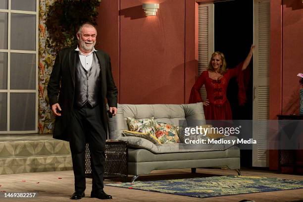 Jesus Ochoa and Margarita Gralia performing during a rehearsal of the play 'El Marido Perfecto' at 11 de Julio Theater on February 24, 2023 in Mexico...