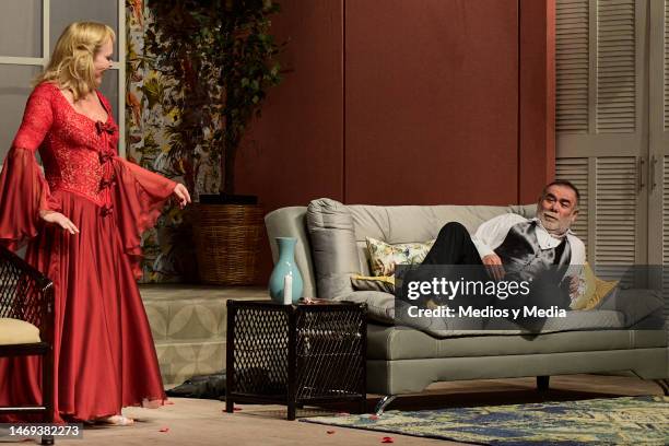 Margarita Gralia and Jesus Ochoa performing during a rehearsal of the play 'El Marido Perfecto' at 11 de Julio Theater on February 24, 2023 in Mexico...