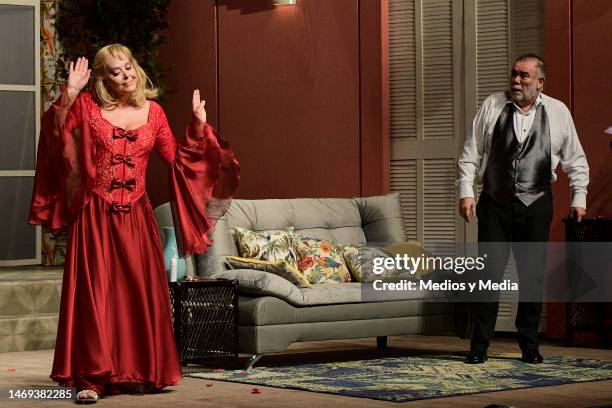 Margarita Gralia and Jesus Ochoa performing during a rehearsal of the play 'El Marido Perfecto' at 11 de Julio Theater on February 24, 2023 in Mexico...