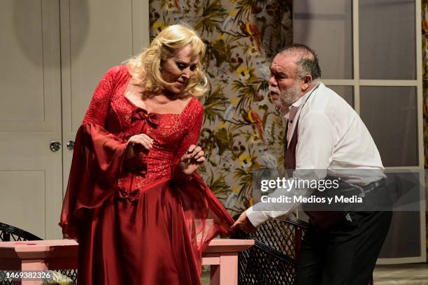 Margarita Gralia and Jesus Ochoa performing during a rehearsal of the play 'El Marido Perfecto' at 11 de Julio Theater on February 24, 2023 in Mexico...