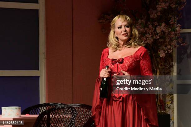 Margarita Gralia performing during a rehearsal of the play 'El Marido Perfecto' at 11 de Julio Theater on February 24, 2023 in Mexico City, Mexico.