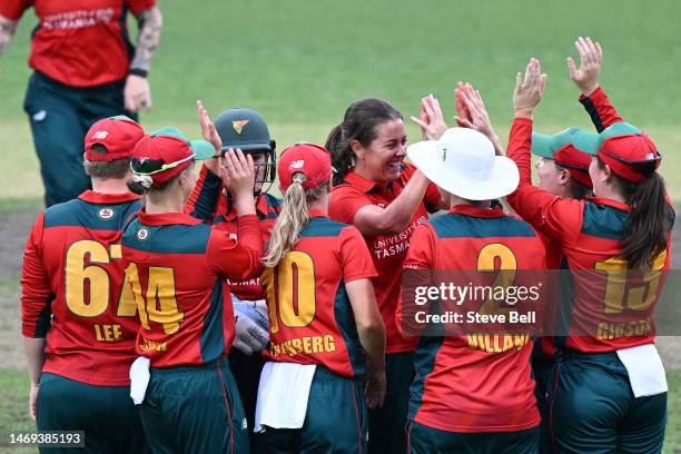 Molly Strano of the Tigers celebrates the wicket of Josie Dooley of the Scorpions during the WNCL Final match between Tasmania and South Australia at...