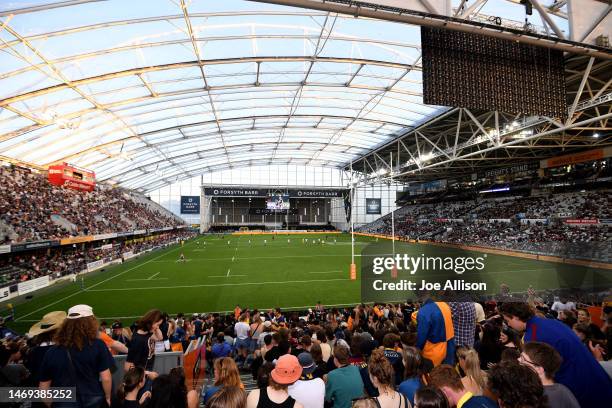 General view is seen during the round one Super Rugby Pacific match between Highlanders and Blues at Forsyth Barr Stadium, on February 25 in Dunedin,...