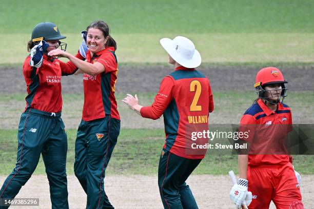 Molly Strano of the Tigers celebrates the wicket of Josie Dooley of the Scorpions during the WNCL Final match between Tasmania and South Australia at...