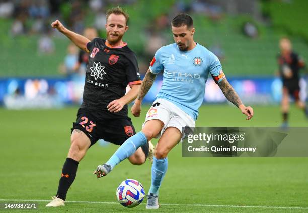 Jamie Maclaren of Melbourne City controls the ball during the round 18 A-League Men's match between Melbourne City and Sydney FC at AAMI Park, on...